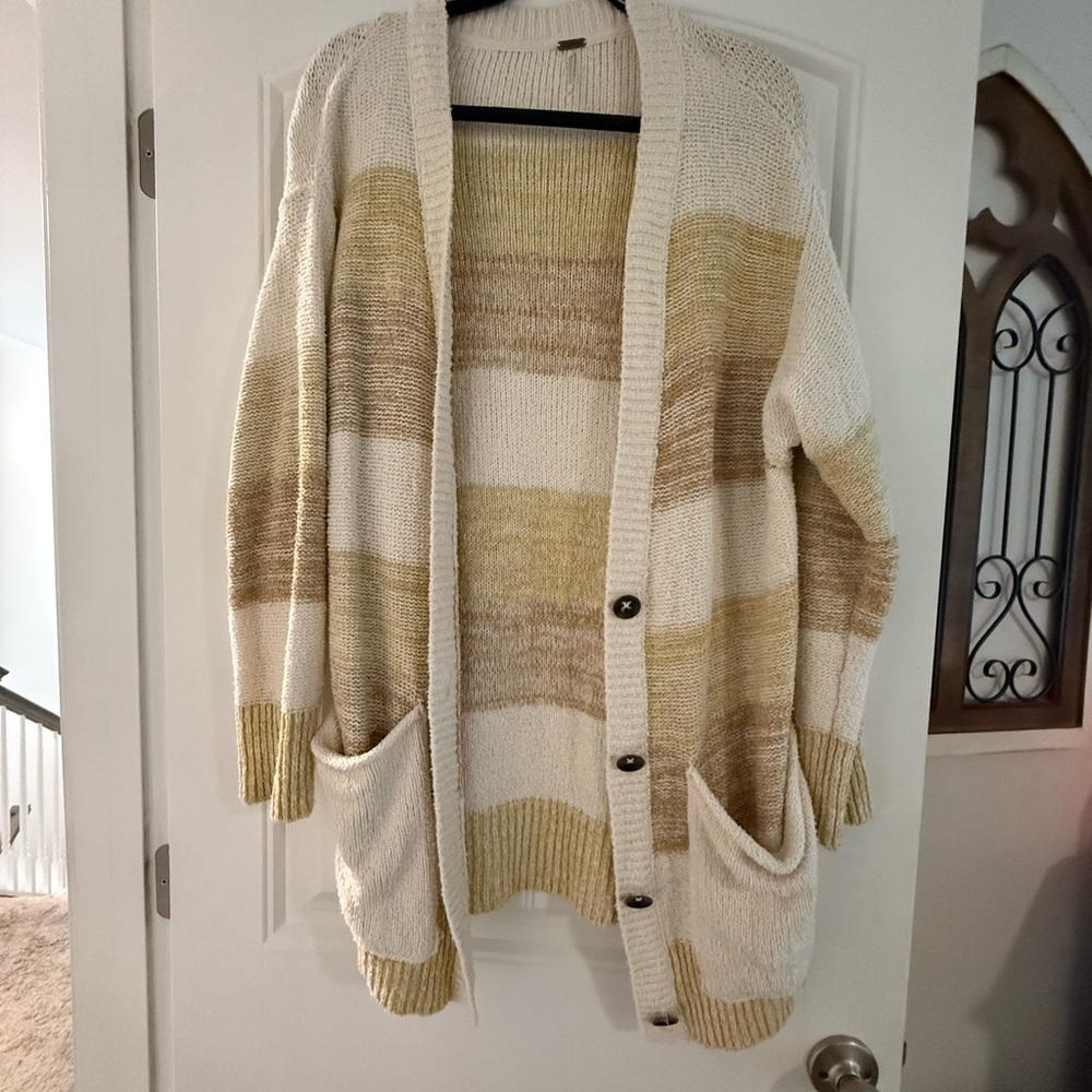 Oversized Free People Striped Button-Up Sweater with Pockets
